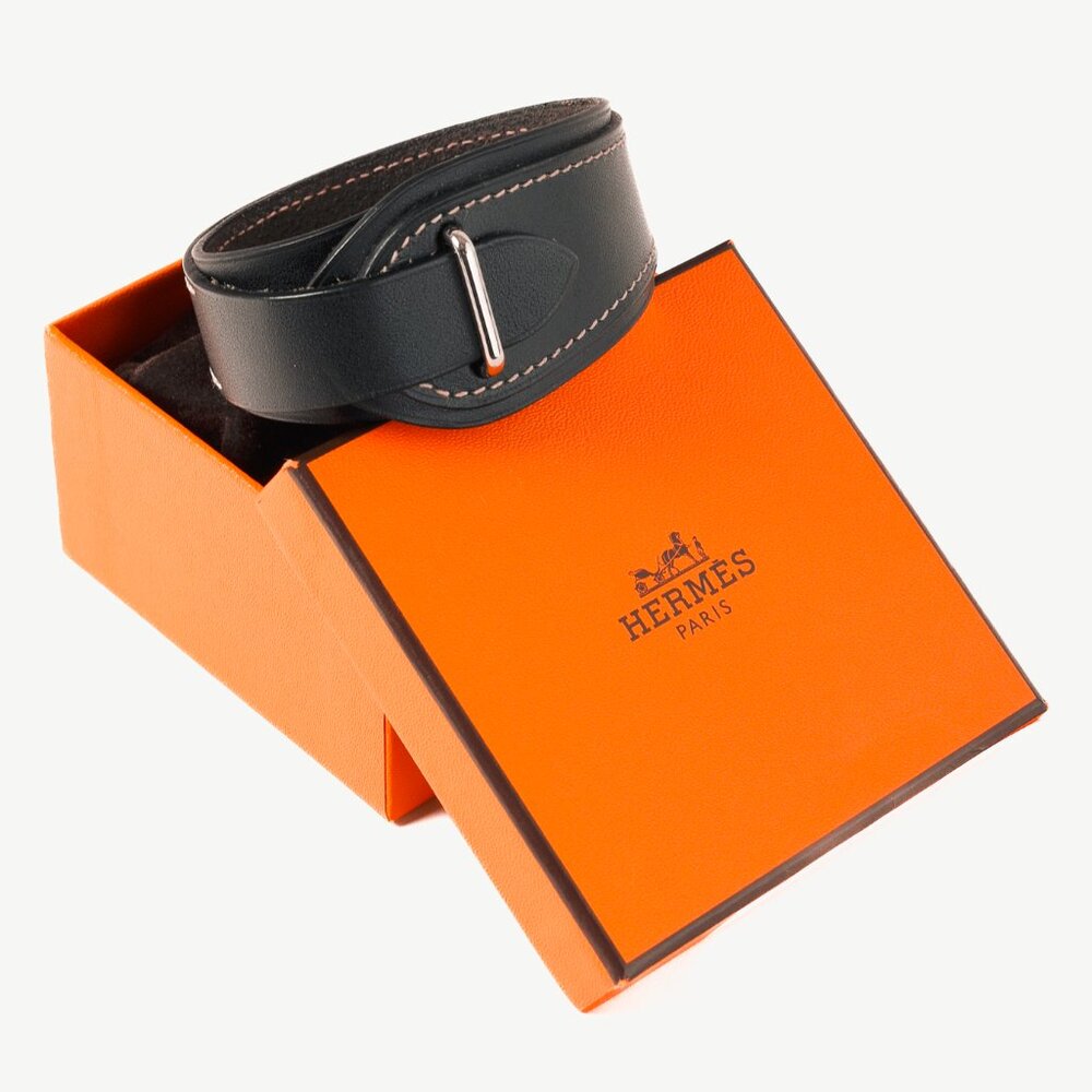 Hermes Black Leather Wide Wrap Bracelet
